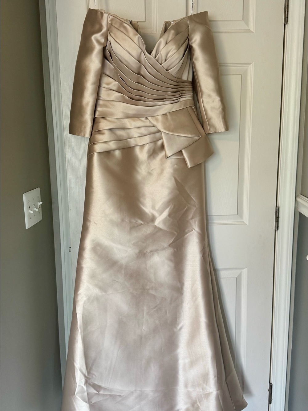 Champagne Satin Off-Shoulder Pleated Bodice Evening Dress